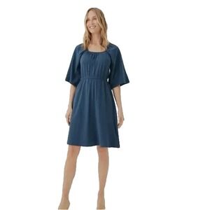 Pact Luxe Jersey Flutter Sleeve Dress Womens Size XS Blue Tie Back Elastic Waist